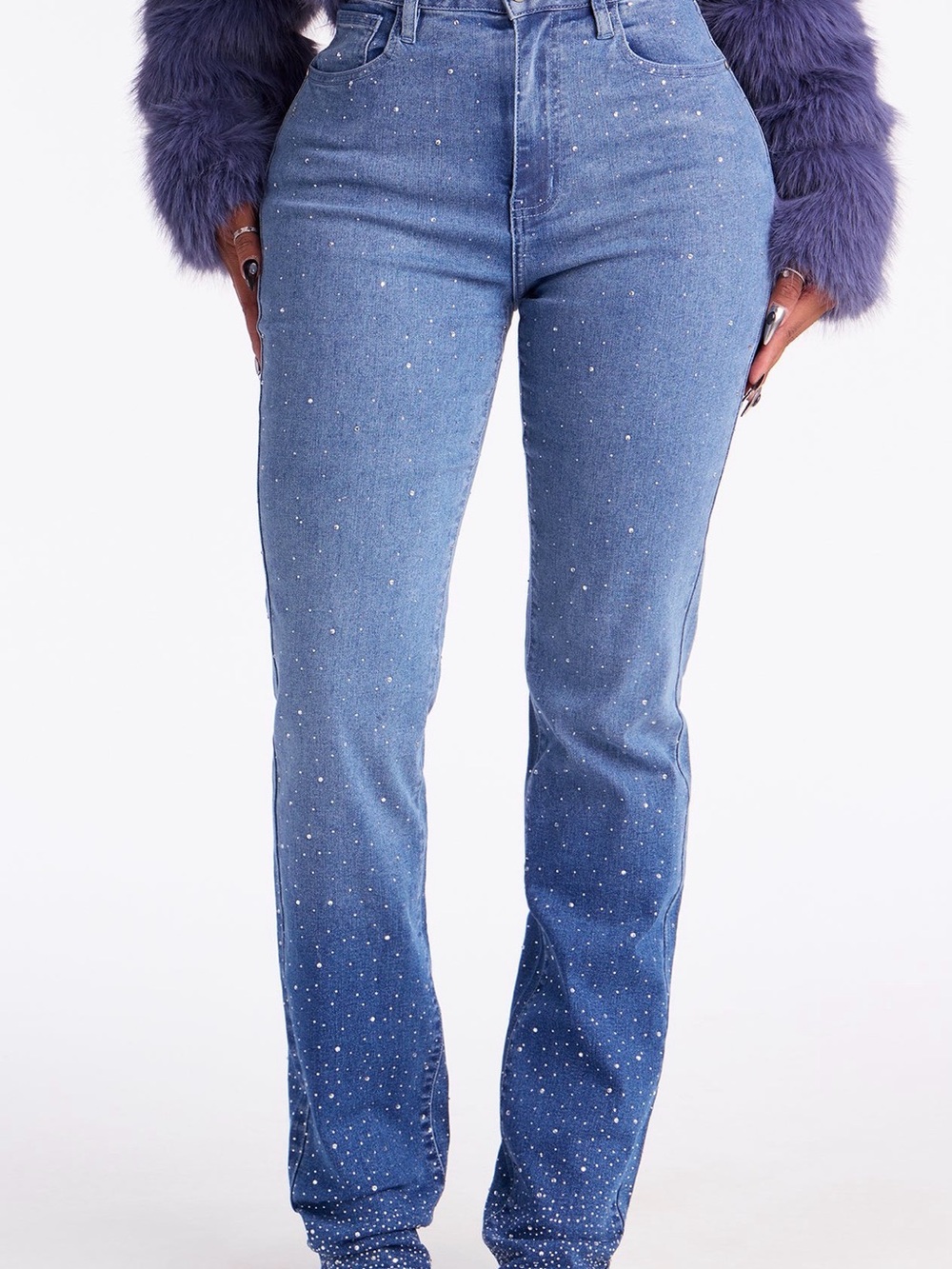 Fashion Nova Blue High-Rise Jeweled Straight Leg Jeans